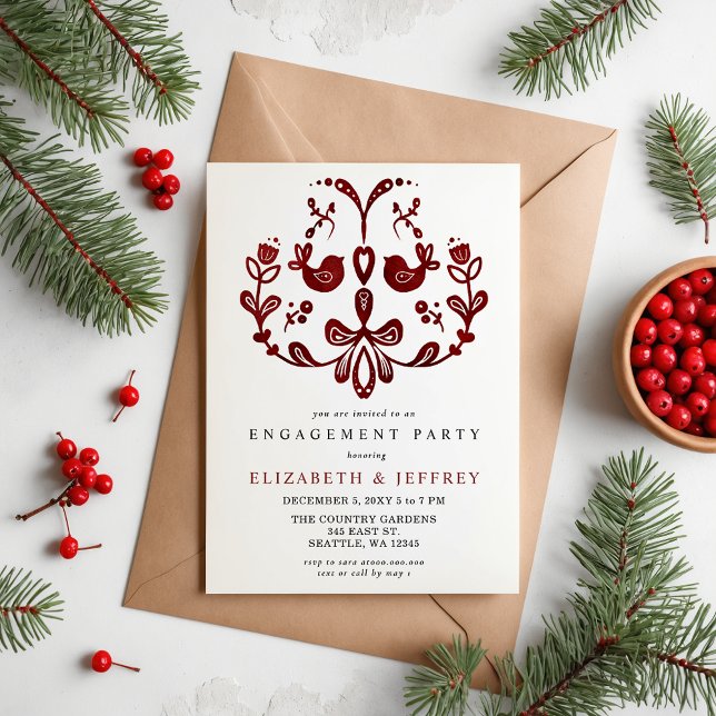 Nordiska fågeljullen Förlovningsfest Inbjudningar (Nordic Birds Christmas Engagement Party Invitation)
