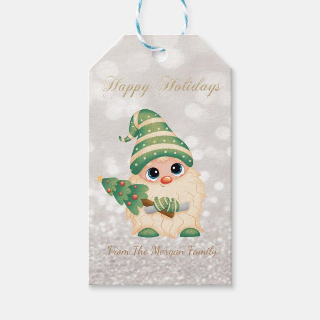 Nordiska Gnome Gräs Träd Glitter Bokeh Presentetikett (Framsidan)
