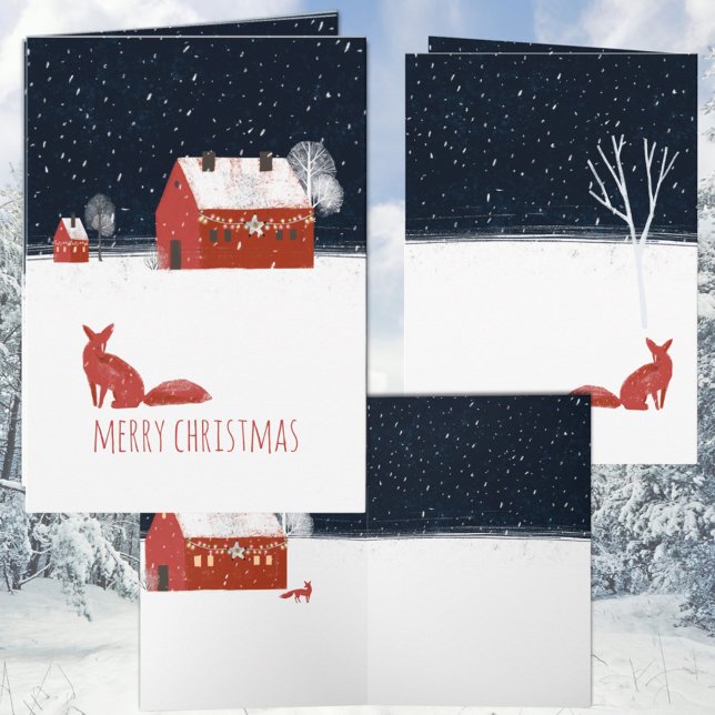 Nordiska God jul Nattrött Barn & Röda räv Helgkort (Nordic Merry Christmas Night Red Barn & Red Fox Holiday Christmas Wraparound Graphics Folded Card)