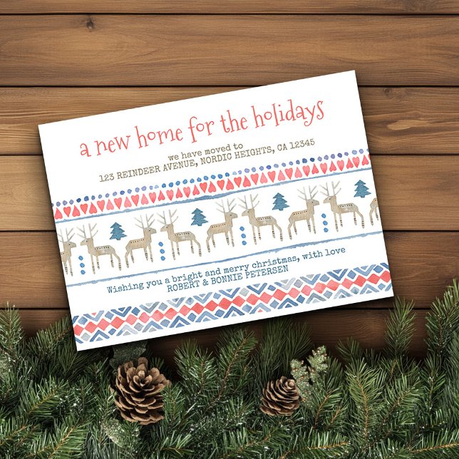 Nordiska Hjortens nya hem för Helgdagarnas Flytta Meddelande (Nordic New Home for the Holidays Card from Holiday Moving Announcements Collection by Darling & May)