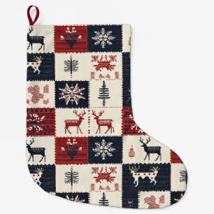 Nordiska jul-Sticka Reindeer & Snöflingor Stor Julstrumpa