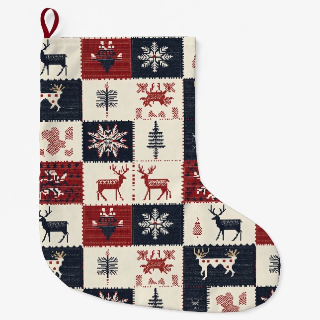 Nordiska jul-Sticka | Reindeer & Snöflingor Stor Julstrumpa (Framsidan)