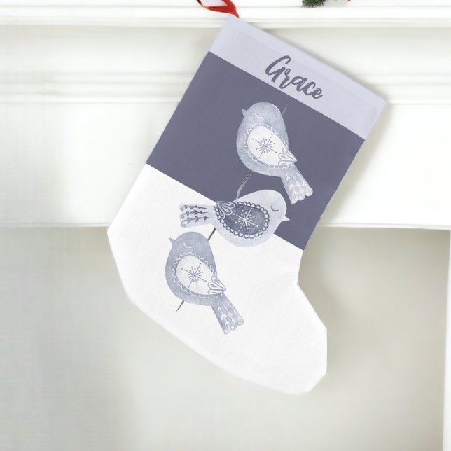Nordiska julblåa fåglar liten julstrumpa (Nordic Christmas Blue Birds Small Christmas Stocking from Ricaso. Easy to personalize)