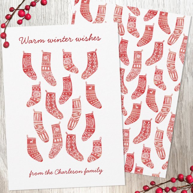 Nordiska julklapp jul julkort (Nordic Scandinavian red and white Christmas stockings holiday card)
