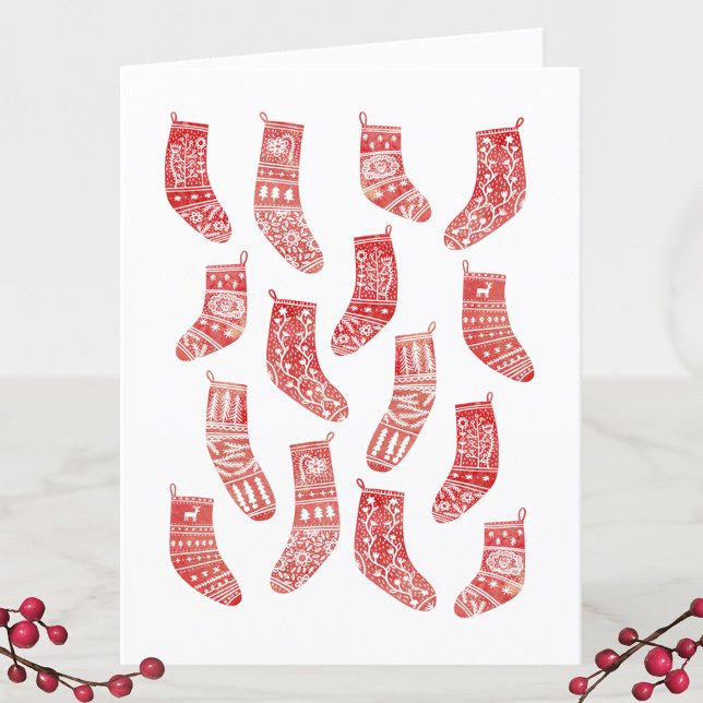 Nordiska julklapp - julklapp - Helgdag Helgkort (Nordic Scandinavian red and white Christmas stockings holiday card)