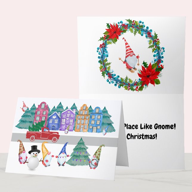 Nordiska jultomten, ingen Ställe som Gnome Helgkort (Nordic Gnome Town Christmas, No Place Like Gnome Holiday Card)
