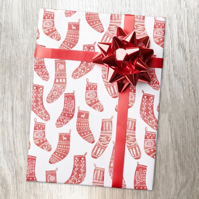 Nordiska lager Skandinavian jul Red White Presentpapper (Nordic Stockings red and white Scandinavian folk art pattern Christmas gift wrapping paper roll)