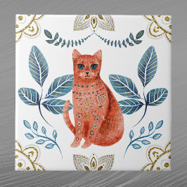 Nordiska Orangen Cat Watercolor Folk Art Kakelplatta