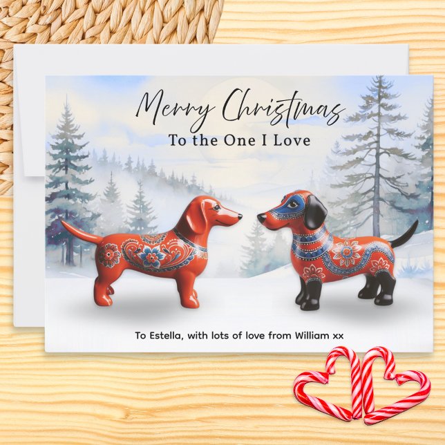 Nordiska Personligen Dachshunds Snö jul Julkort (A Christmas card to 'The One I Love' in Nordic style, featuring two decorated dachshunds in the snow)