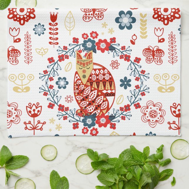 Nordiska Skandi Folk Art Woodland Red Fox Flowers Kökshandduk (Vikta)