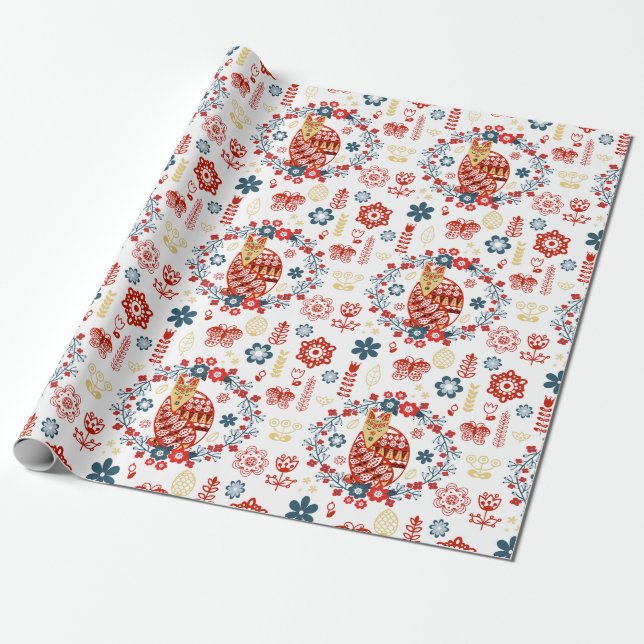 Nordiska Skandi Folk Art Woodland Red Fox Flowers Presentpapper (Utrullad)