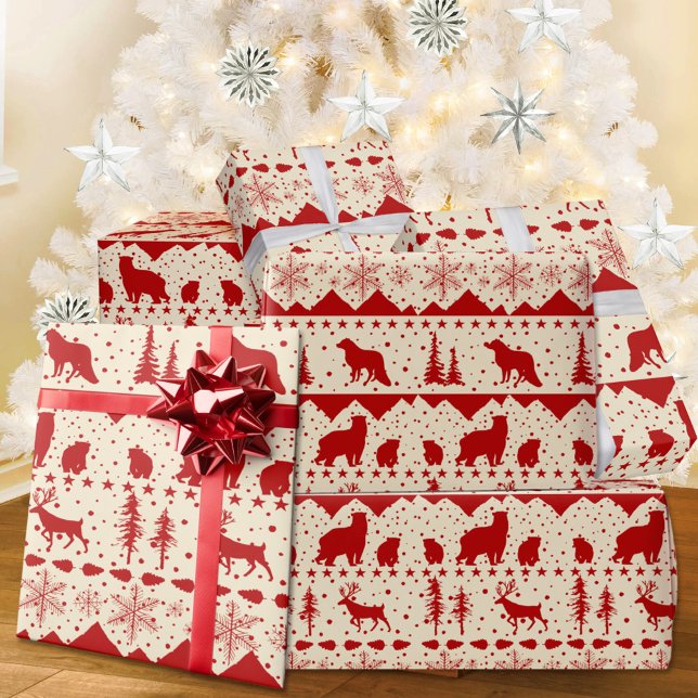 Nordiska sötvattentrött vinterdjur Creamy Beige Presentpapper (Nordic Sweater Creamy White & Red Winter Animals Christmas Holiday Wrapping Paper Rolls)