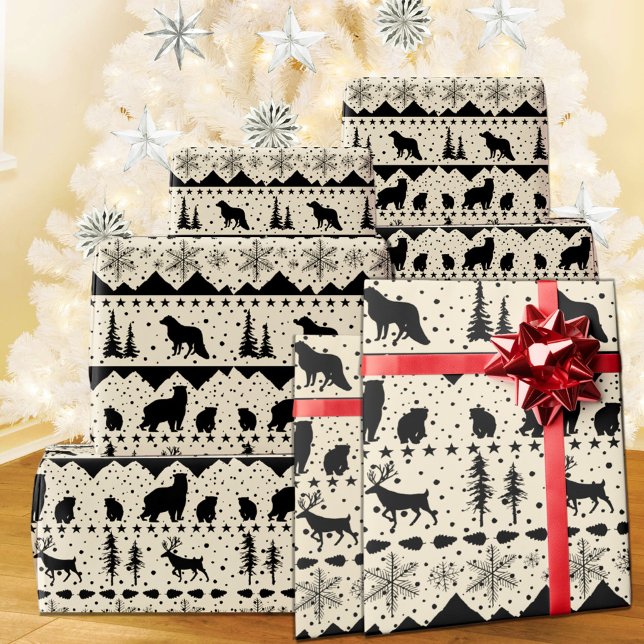 Nordiska sötvattentsvarta vinter Animals Beige Presentpapper (Nordic Sweater Creamy White & Black Winter Animals Christmas Holiday Wrapping Paper Rolls)