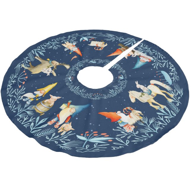 Nordiska tomte-gnomer och djur julgransmatta borstad polyester (Vinklad)