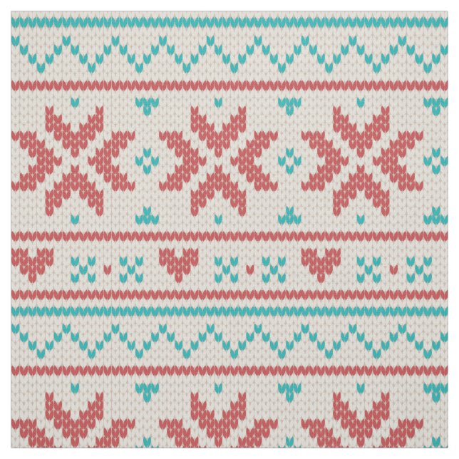 Nordiska vintersötare Faux Sticka Aqua & Red Mönst Tyg (Provkarta)
