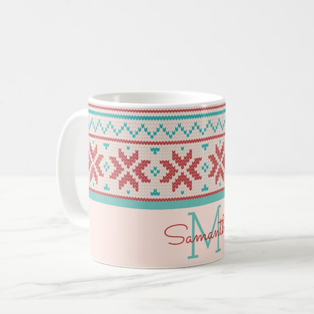 Nordiska vintersötare Faux Sticka Mönster Monogram Kaffemugg (Framsida vänster)