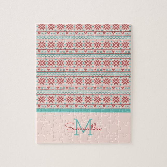 Nordiska vintersötare Faux Sticka Mönster Monogram Pussel (Vertikal)