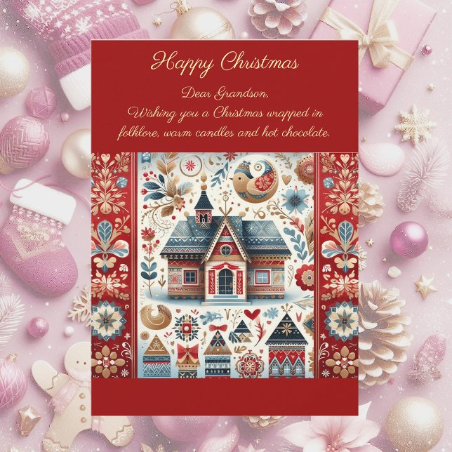 Nordiskt julstugelandskap Skandinavisk by röd Julkort (Nordic Christmas Cottage Scandinavian Village Red Holiday Card)