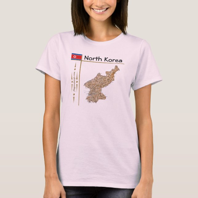 Nordkorea Karta + Flagga + avdelning T-Shirt (Framsida)