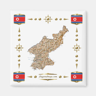 Nordkorea Karta + Flaggor Magnet