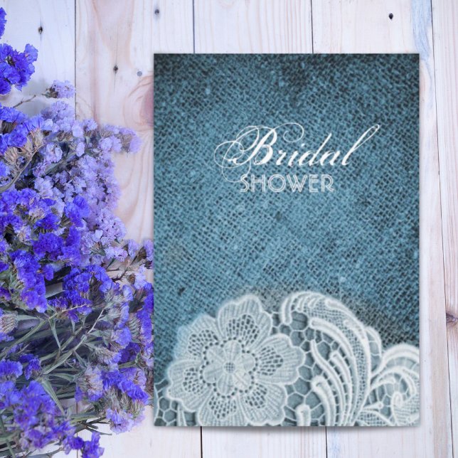 Nordlig marin blå burlap snöre land möhippa inbjudningar (rustic navy blue burlap lace country bridal shower invitation)