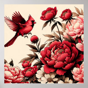 Nordlig rödkardinal Bird Peonies Peony Flower Poster