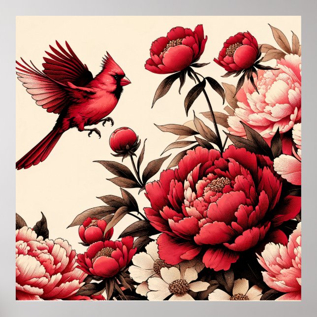 Nordlig rödkardinal Bird Peonies Peony Flower Poster (Framsidan)