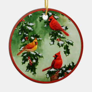 Nordröda kardinaler och Holly Julgransprydnad Keramik