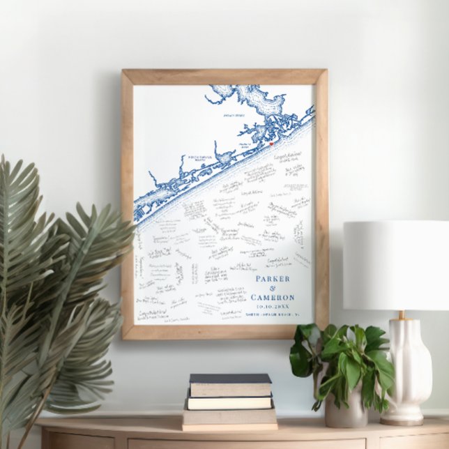Nordsjön Beach Karta Bröllop Guest Bok Poster (North Topsail Beach NC Map Wedding Guest Book Poster in Elegant Navy Blue from Coastal Map Designs)