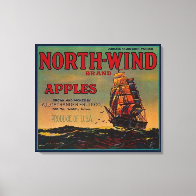 NordVinden Apple Låda LabelYakima, WA Canvastryck (Framsida)