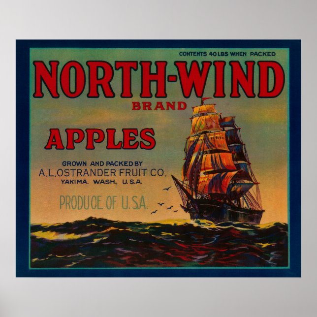 NordVinden Apple Låda LabelYakima, WA Poster (Framsidan)
