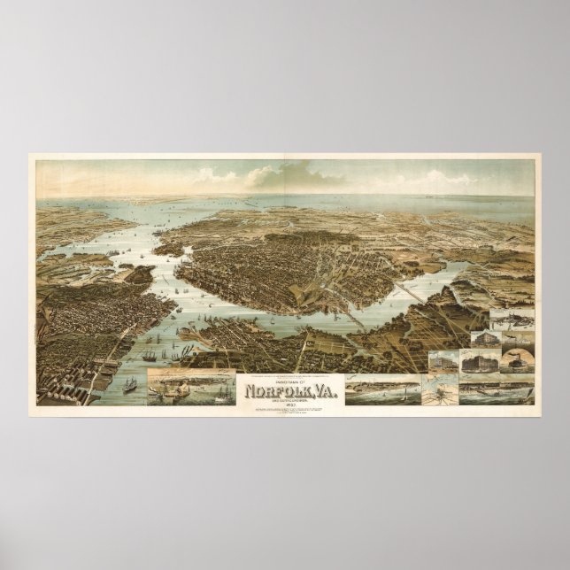 Norfolk birdseye karta - 1892 (Wellge) BigMapBlog Poster (Framsidan)