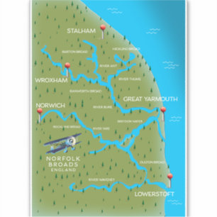 Norfolk Broads England Karta. Klistermärken
