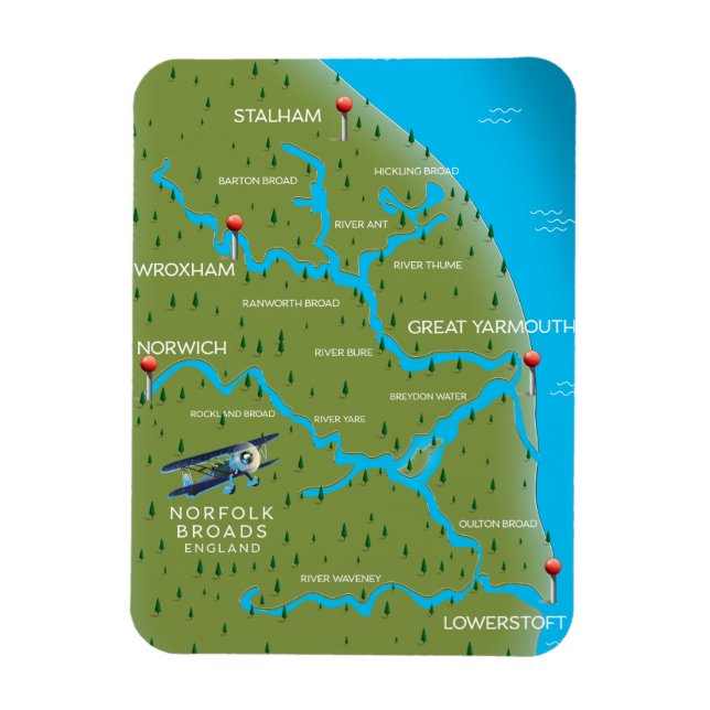 Norfolk Broads England karta. Magnet (Vertikal)