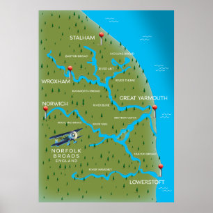 Norfolk Broads England Karta. Poster