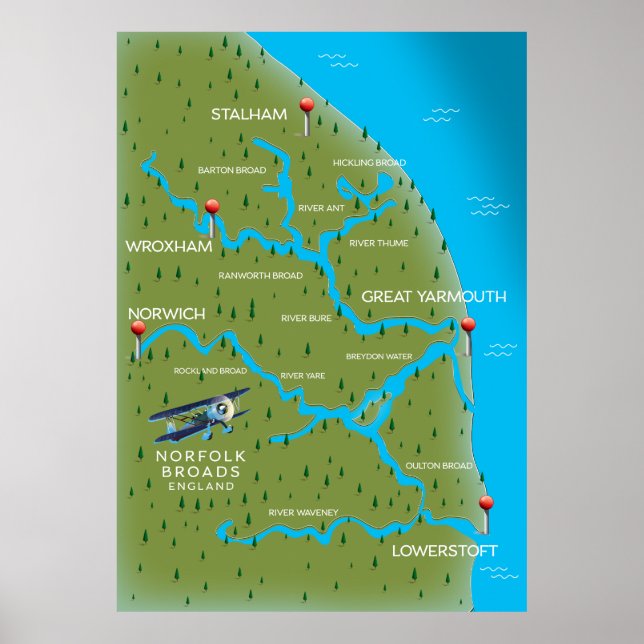 Norfolk Broads England Karta. Poster (Framsidan)