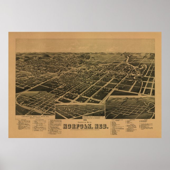 Norfolk Nebraska 1889 Antique Panoramic Karta Poster (Framsidan)