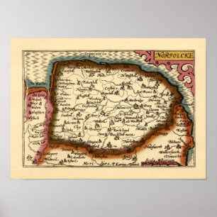 Norfolk "Norfolcke" County England Old Atlas Karta Poster