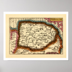 Norfolk "Norfolcke" County England Old Atlas Karta Poster