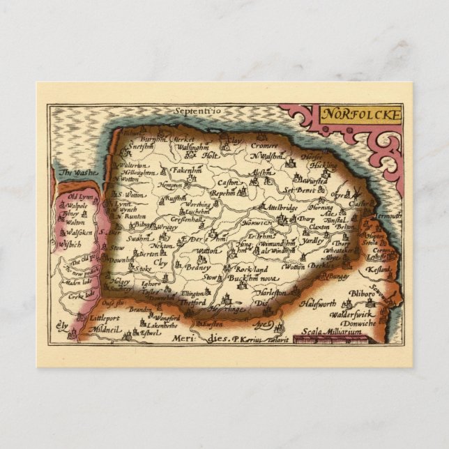 Norfolk "Norfolcke" County England Old Atlas Karta Vykort (Framsida)