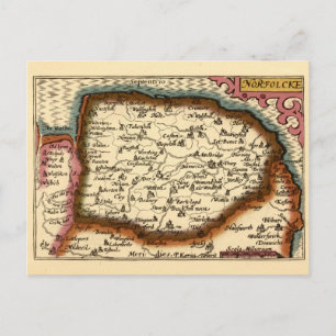 Norfolk "Norfolcke" County England Old Atlas Karta Vykort