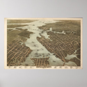 Norfolk Portsmouth VA BirdsEye panorama- karta Poster