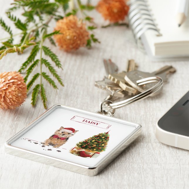 Norfolk Terrier Funny jul Hund med Träd Fyrkantig Silverfärgad Nyckelring (Sidan)