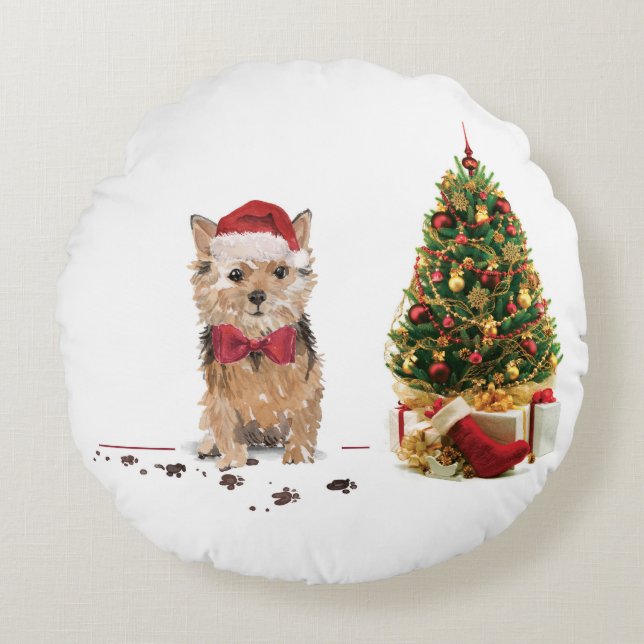 Norfolk Terrier Funny jul Hund med Träd Rund Kudde (Framsidan)