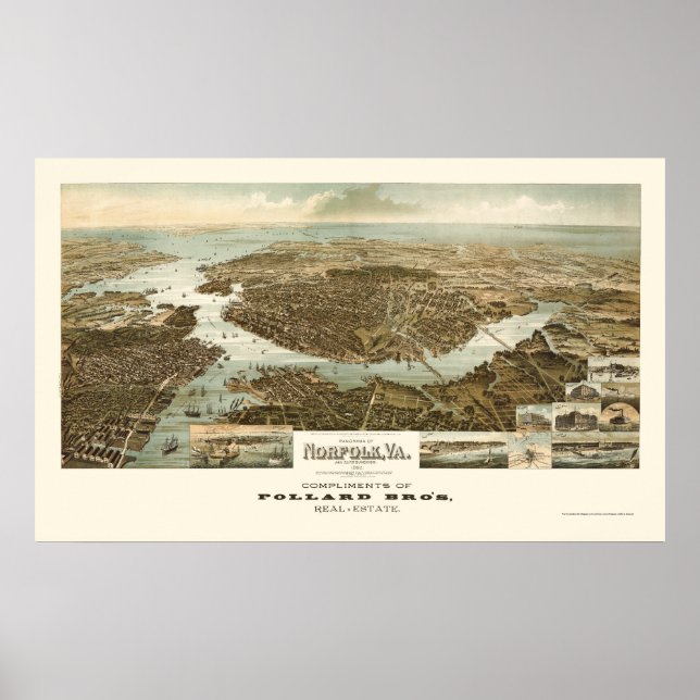 Norfolk, VA Panoramic Karta - 1892 Poster (Framsidan)