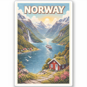 Norge Fjord Illustration Resa Konst Vintage Klistermärken