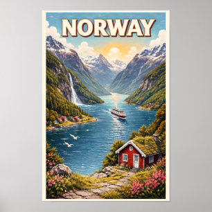 Norge Fjord Illustration Resa Konst Vintage Poster