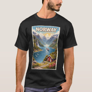 Norge Fjord Illustration Resa Konst Vintage T Shirt