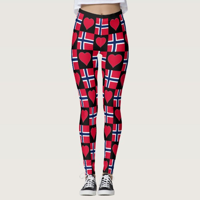 Norge Flagga Heart Mönster Patriotic Noren Leggings (Framsida)