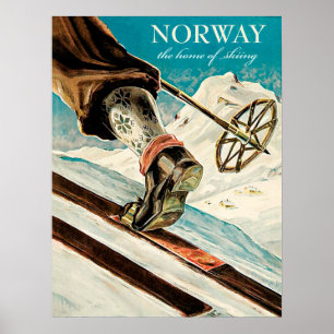 Norge, fot till skidåkare, vintage resor poster